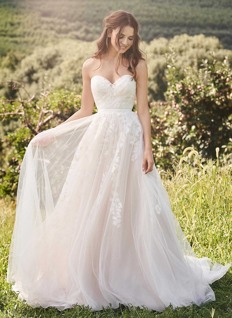 Strapless Sweetheart Gown with Leaf Appliqués and Grosgrain Belt ...